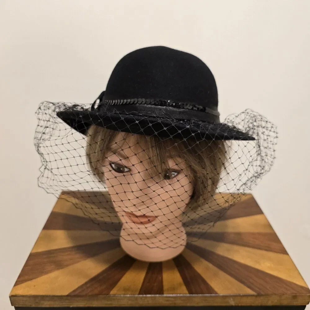 True Vintage Lancaster Black Wool Felt Hat Face Netting USA Black Sequin Classy